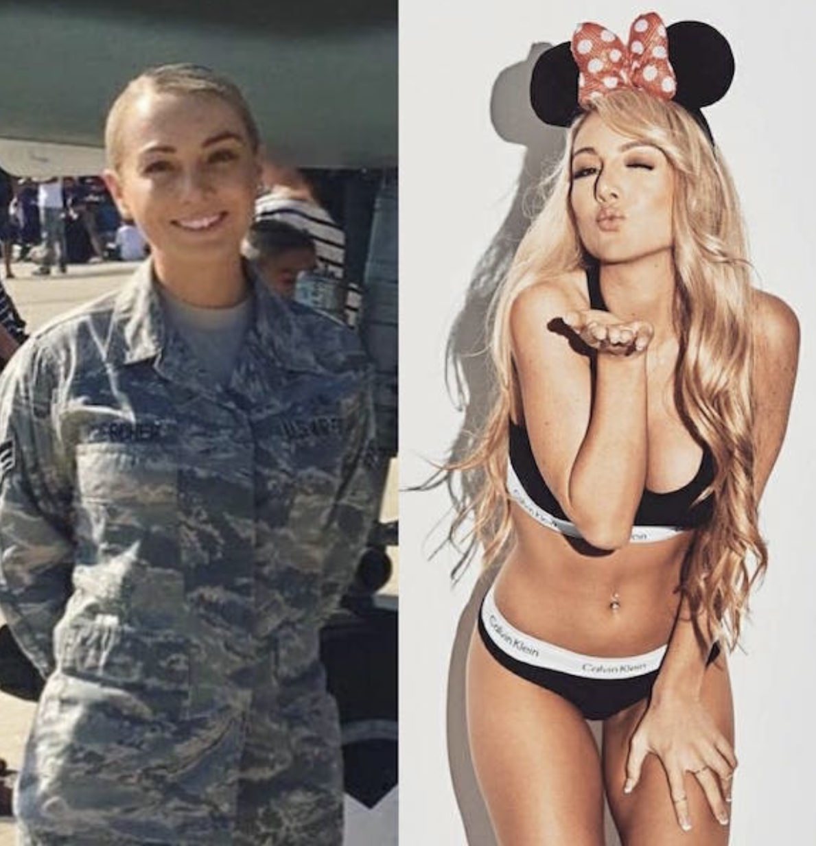 Military babe in uniform and a picture of her wearing Minnie mouse ears, bra and panties, blowing a kiss