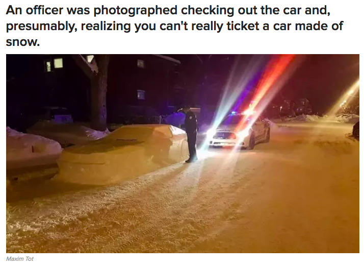 ford mustang built from snow - An officer was photographed checking out the car and, presumably, realizing you can't really ticket a car made of snow. Maxim Tot