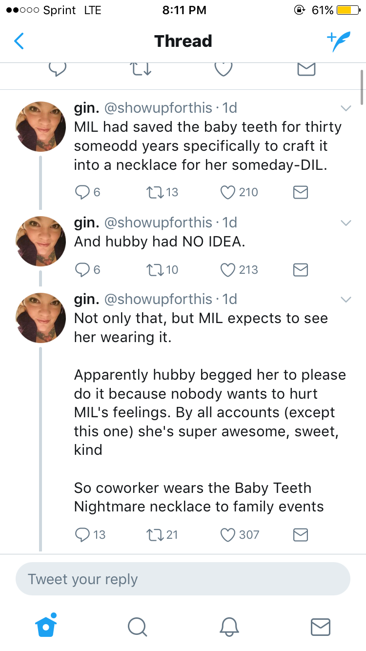 Woman Shares A Story Of Her Coworkers Teeth Necklace