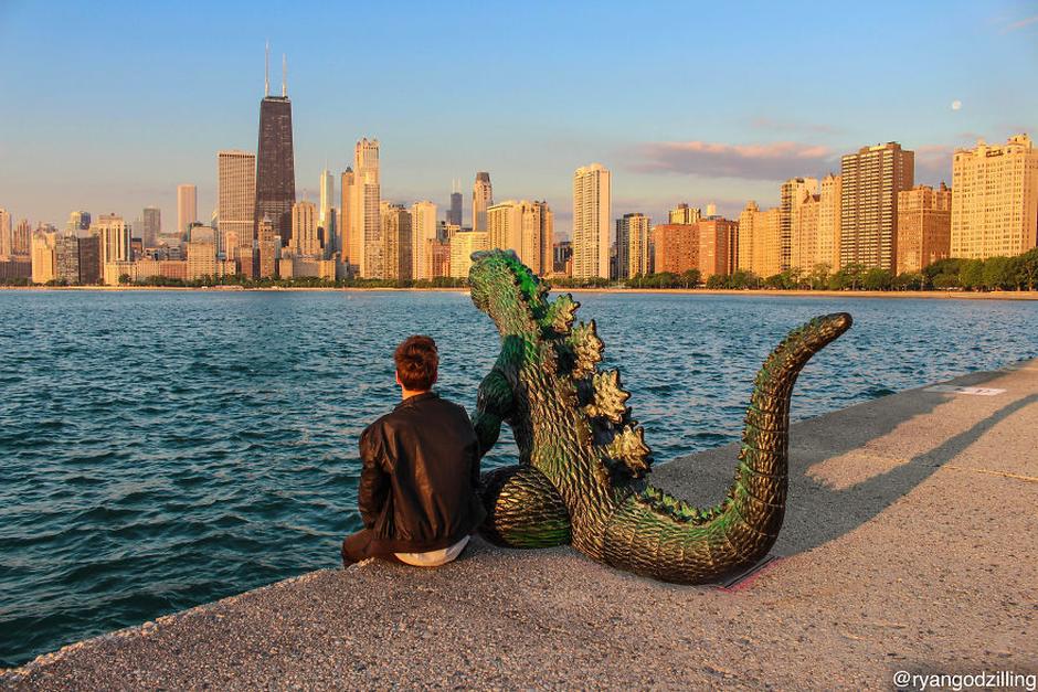 Kieran Murray has created a series of travel photos with a giant plastic toy Godzilla figurine, named Ryan, who he Photoshops into real world situations. The result is hilarious.