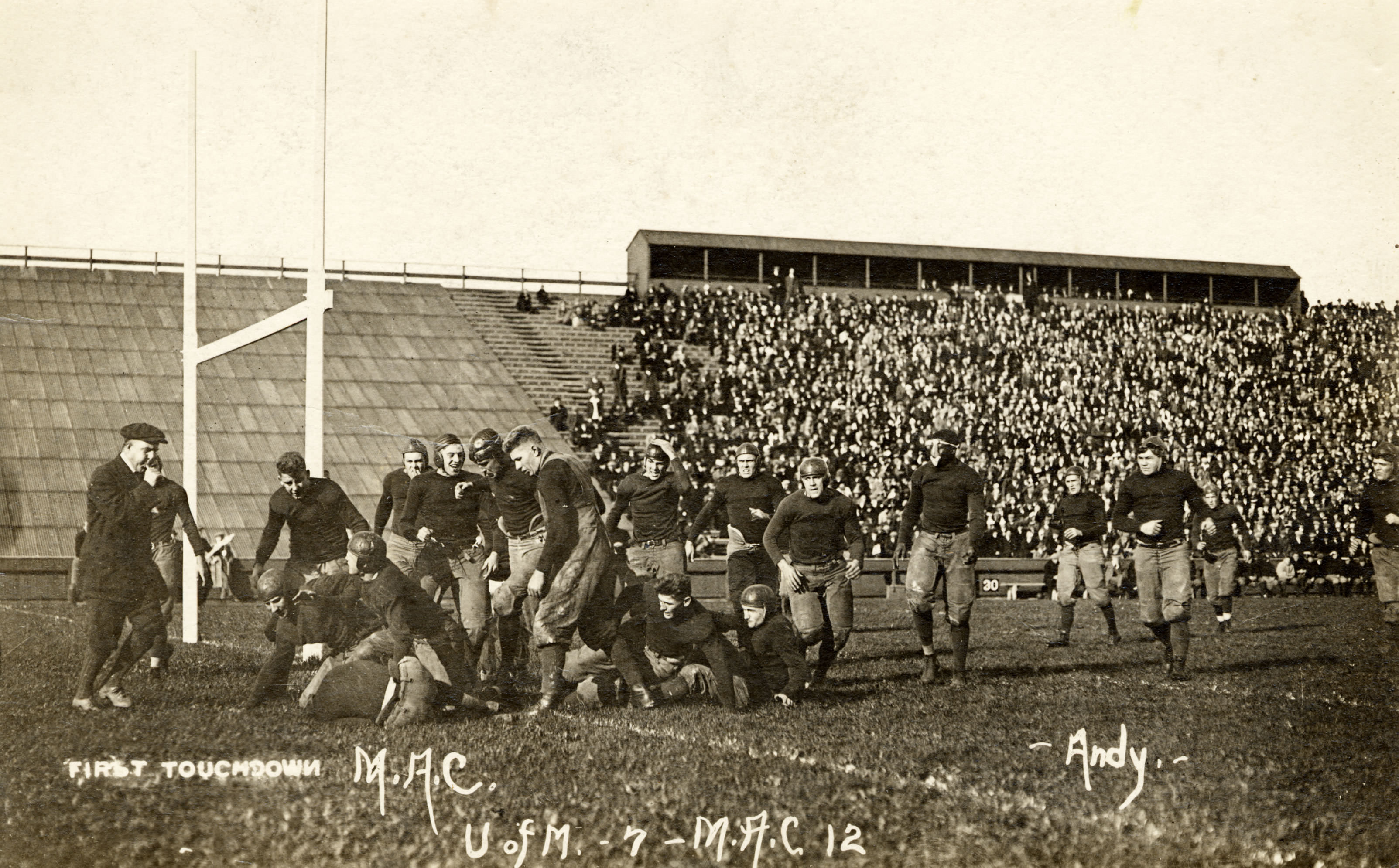 The University of Michigan playing Michigan State University in American Football in Michigan, US in 1913. In the late 1800s and early 1900s, clubs and colleges started changing the rules of American Rugby which developed into American Football. The biggest change that made the game something completely different was the addition of the forward pass, which was added in 1906. As you can see, the goal post is at the touchdown line, some of the players are not wearing helmets, but the referee does still have a whistle. Football evolved drastically and is the most popular sport in the US. The rest of the world still does not really care for this sport, and with the deadly consequences of all the hits and concussions, the sport may have reached its peak.