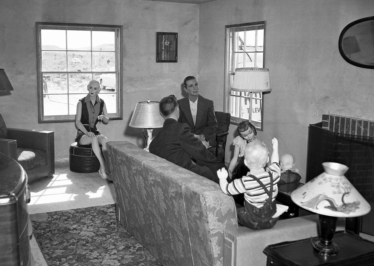 Mannequins in a home near the Trinity Nuclear Test site in New Mexico, US in 1945. Most initial atomic bomb testing was done inside the continental US in the desert, usually in New Mexico, Arizona or Nevada. The US military built towns, adding all normal amenities of the time to each home, and then put mannequins in to try and determine the damage such an atomic bomb would cause if ever detonated on civilian population. As the weapons became more powerful and the radiation and dangers became better understood, testing was stopped inside the continental US and moved to islands by the 1950s. All the test sites still have significant radiation and cannot be visited for extended hours without suffering from exposure.