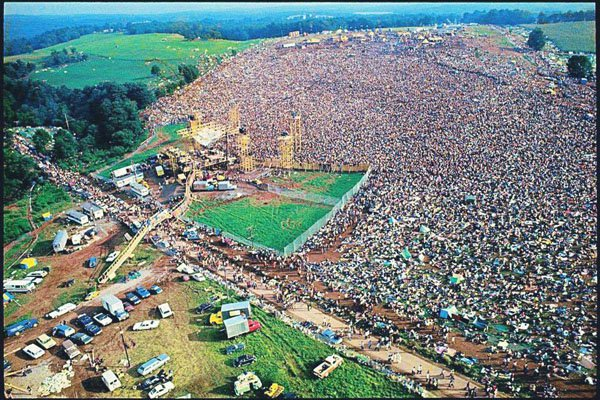 Aerial view of over 400,000 people at the Woodstock Music Festival, New York, 1969.