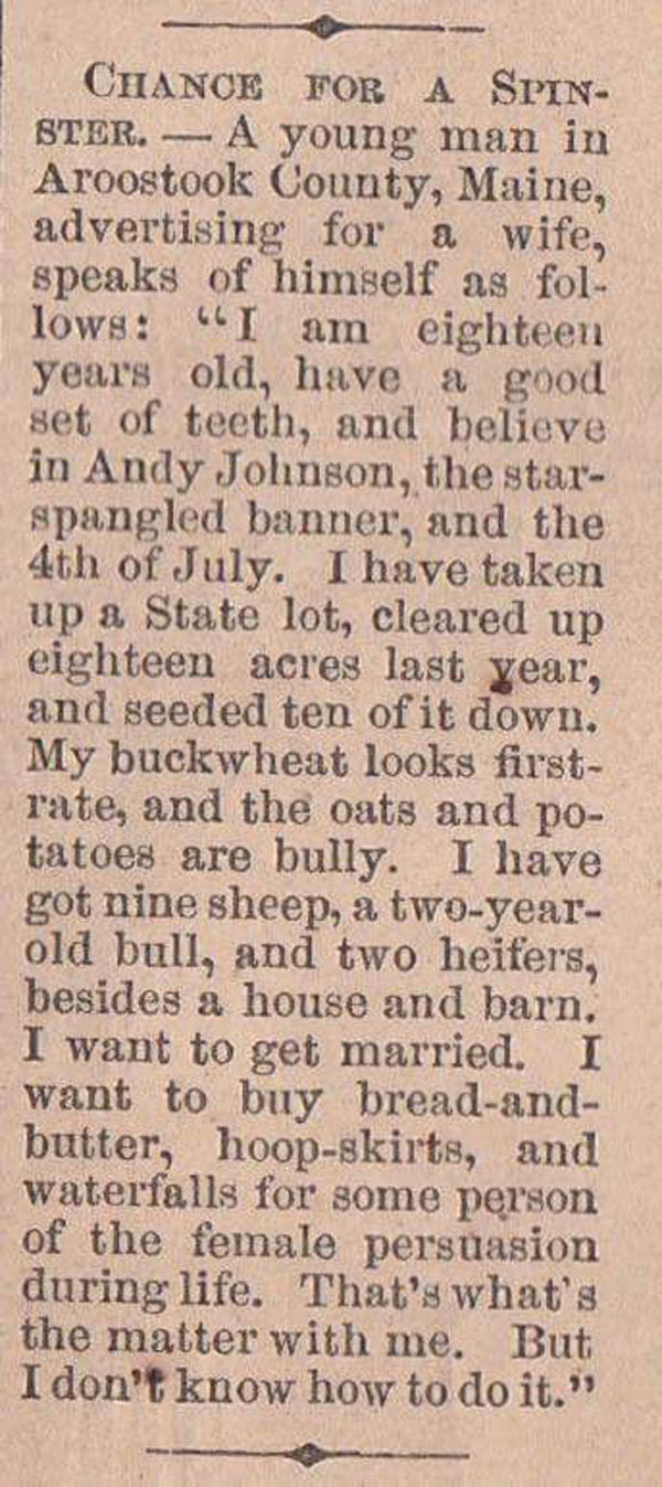 Man looking for a wife in 1865.