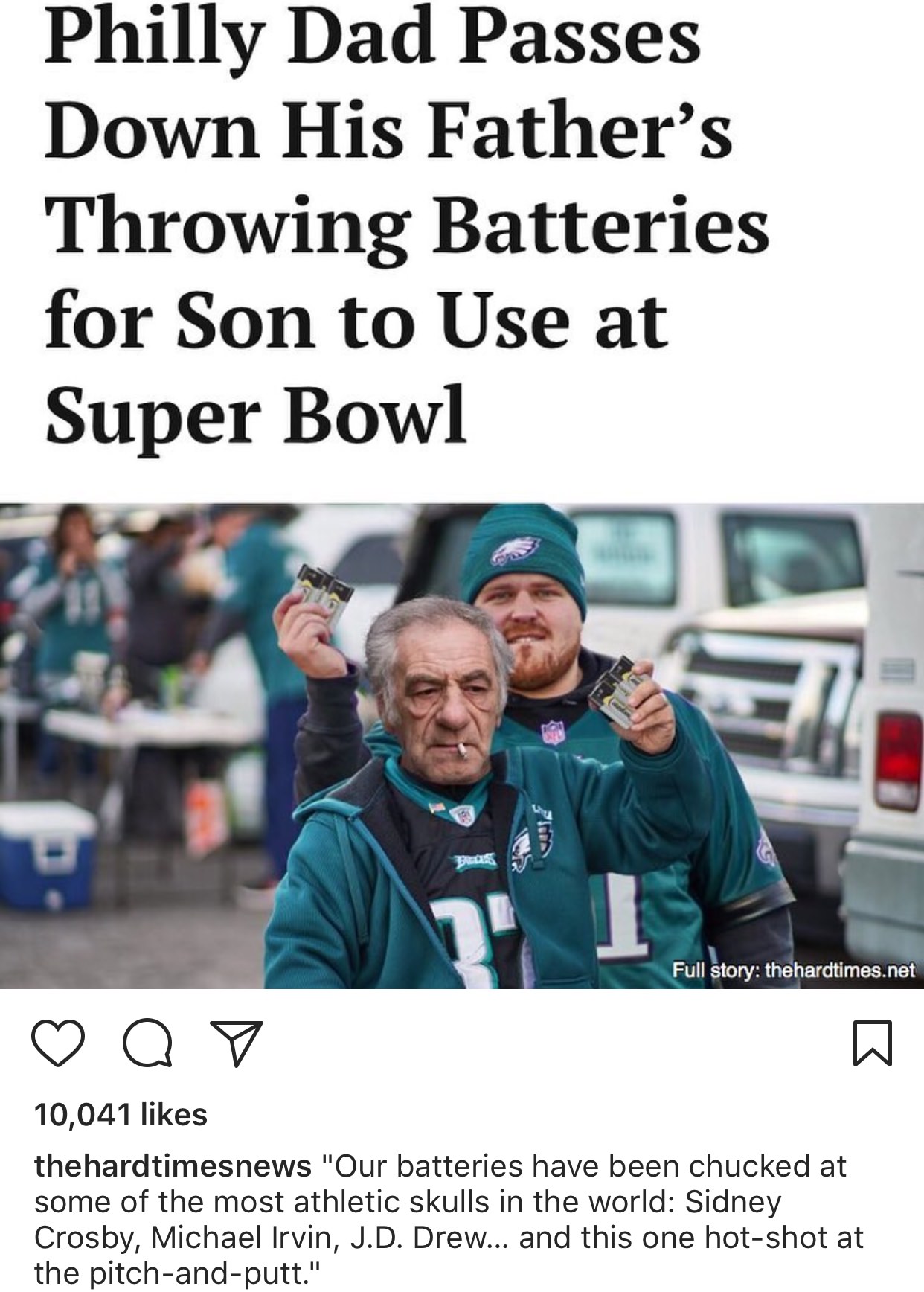 photo caption - Philly Dad Passes Down His Father's Throwing Batteries for Son to Use at Super Bowl Us Full story thehardtimes.net Q V 10,041 thehardtimesnews "Our batteries have been chucked at some of the most athletic skulls in the world Sidney Crosby,