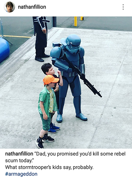 personal protective equipment - nathanfillion Glt nathanfillion "Dad, you promised you'd kill some rebel scum today." What stormtrooper's kids say, probably.