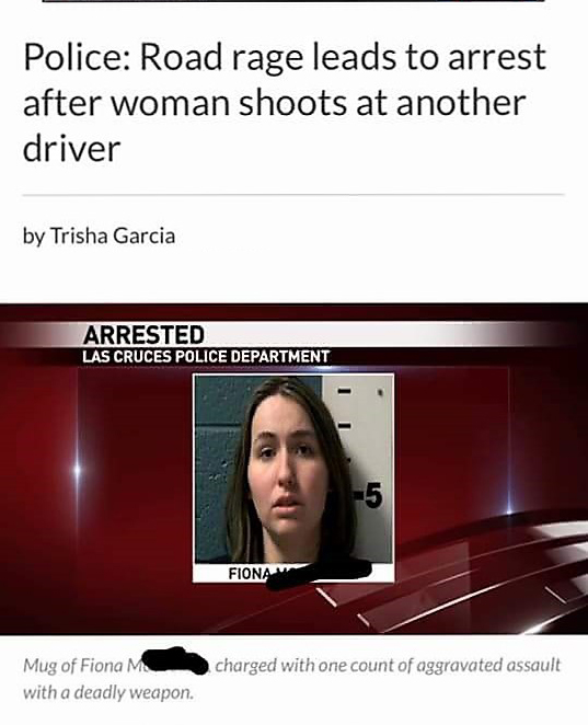 Screenshot of a road rage incident in which Fiona M was arrested for shooting at another driver, with a mug shot of a concerned looking Fiona