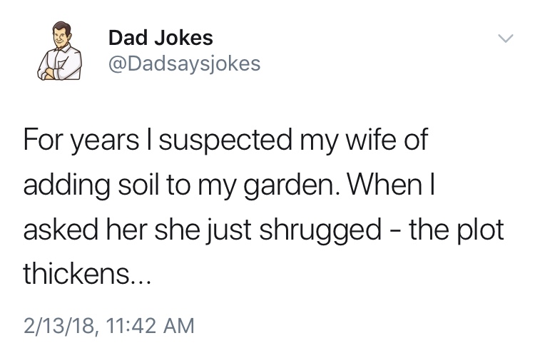 dad jokes-  Dad joke - Dad Jokes tayo For years I suspected my wife of adding soil to my garden. When || asked her she just shrugged the plot thickens... 21318,