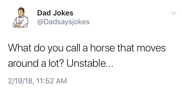 dad jokes-  Dad Jokes What do you call a horse that moves around a lot? Unstable... 21918,