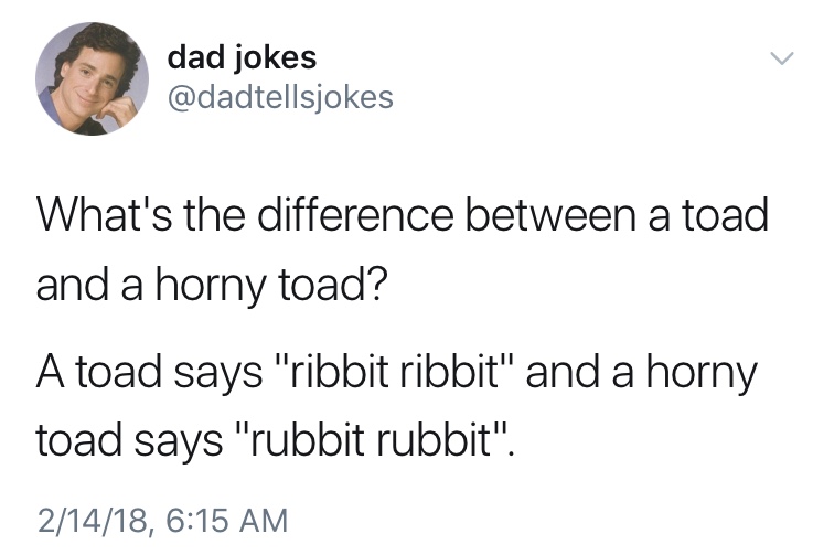 dad jokes-  tweeted from gucci smart toilet - dad jokes What's the difference between a toad and a horny toad? A toad says "ribbit ribbit" and a horny toad says "rubbit rubbit". 21418,