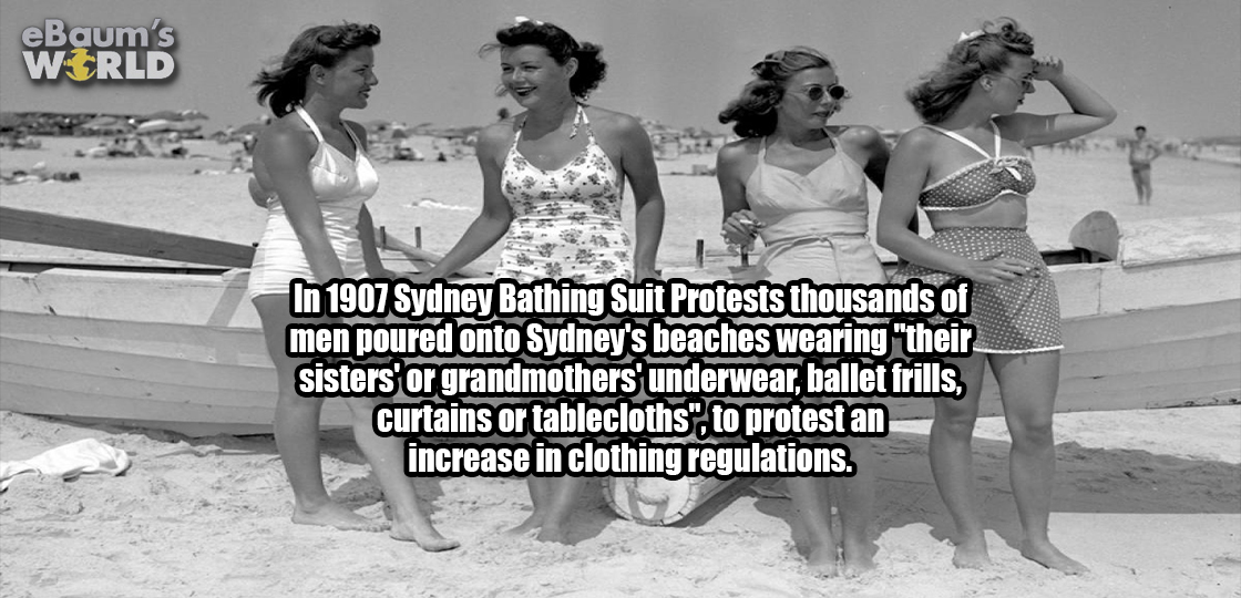 risque outfits from the 1920s - eBaum's World In 1907 Sydney Bathing Suit Protests thousands of men poured onto Sydney's beaches wearing their sisters' or grandmothers underwear, ballet frills, curtains or tablecloths", to protest an increase in clothing 