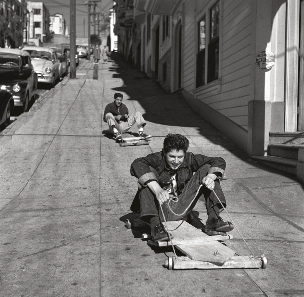 Riding Skate Coasters down a street in San Fransisco, US in 1952.