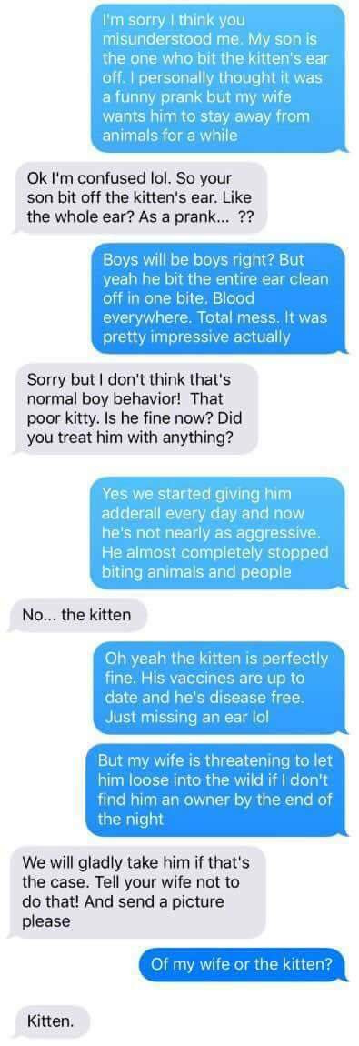 craigslist prank - I'm sorry I think you misunderstood me. My son is the one who bit the kitten's ear off. I personally thought it was a funny prank but my wife wants him to stay away from animals for a while Ok I'm confused lol. So your son bit off the k
