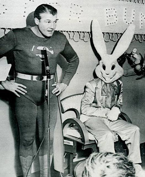 Hired actors dress up as Superman (George Reeves) and the Easter Bunny to advertise a department store in 1953.