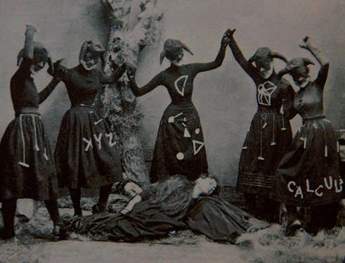 Women pose for a picture to promote some kind of play where they are math witches and have numbered to death 2 victims somewhere in the US, 1908.