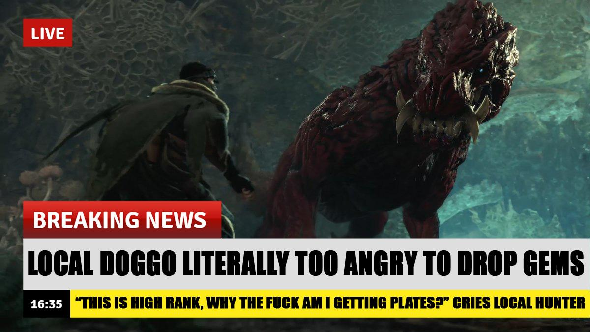 funny gaming memes - monster hunter world memes - Live Breaking News Local Doggo Literally Too Angry To Drop Gems