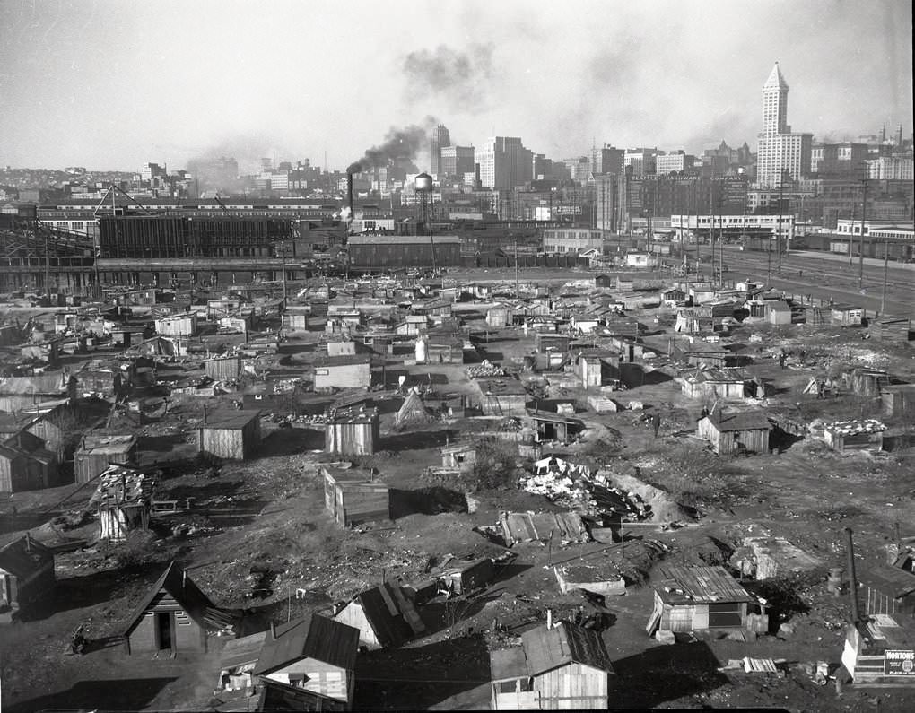 Shacks built by homeless people in Seattle, US in 1932.