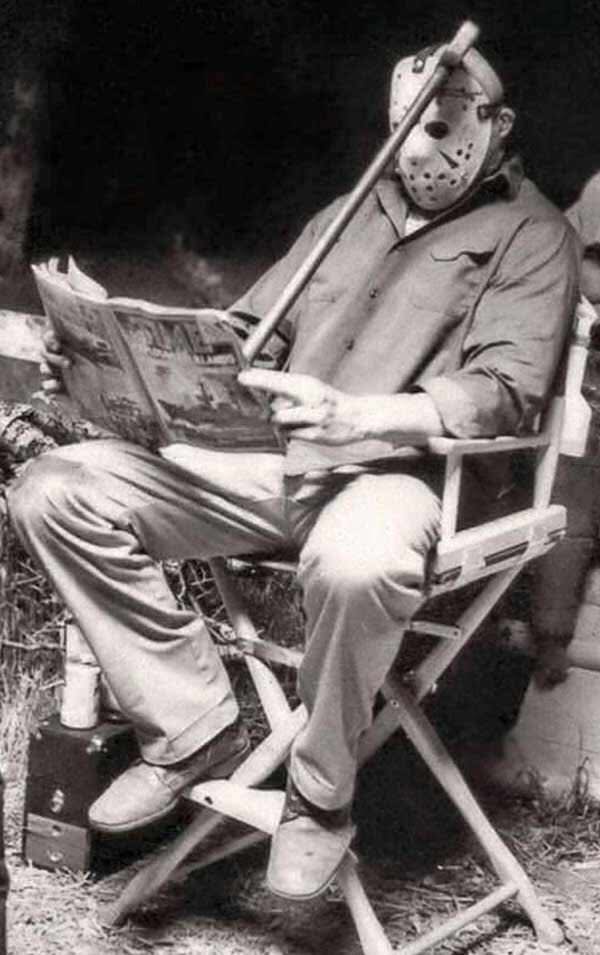 Richard Brooker as Jason Voorhees reading Time Magazine on the set of Friday the 13th Part III.