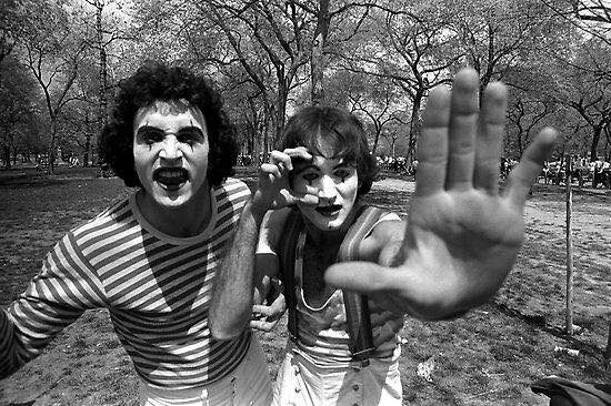 Robin Williams and Todd Oppenheimer working their mime skills in 1974, Central Park, NY.