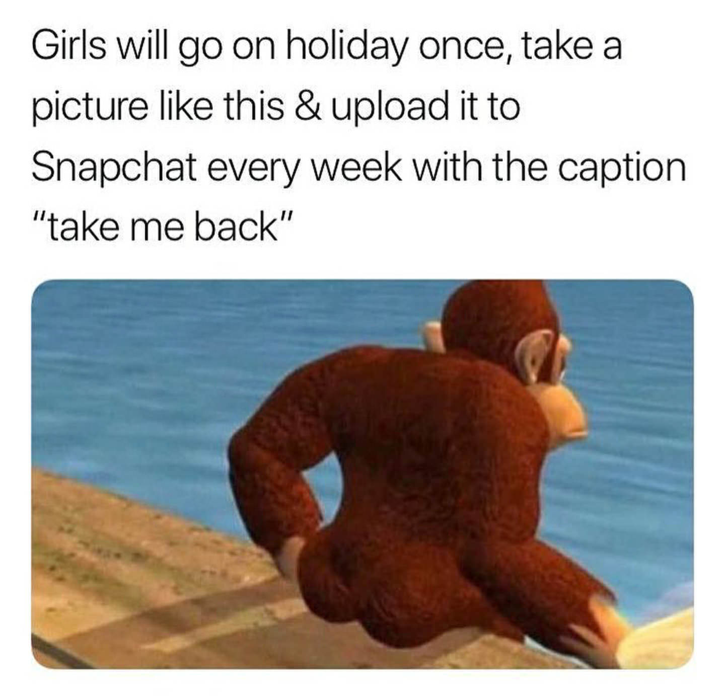 take me back meme - Girls will go on holiday once, take a picture this & upload it to Snapchat every week with the caption "take me back"