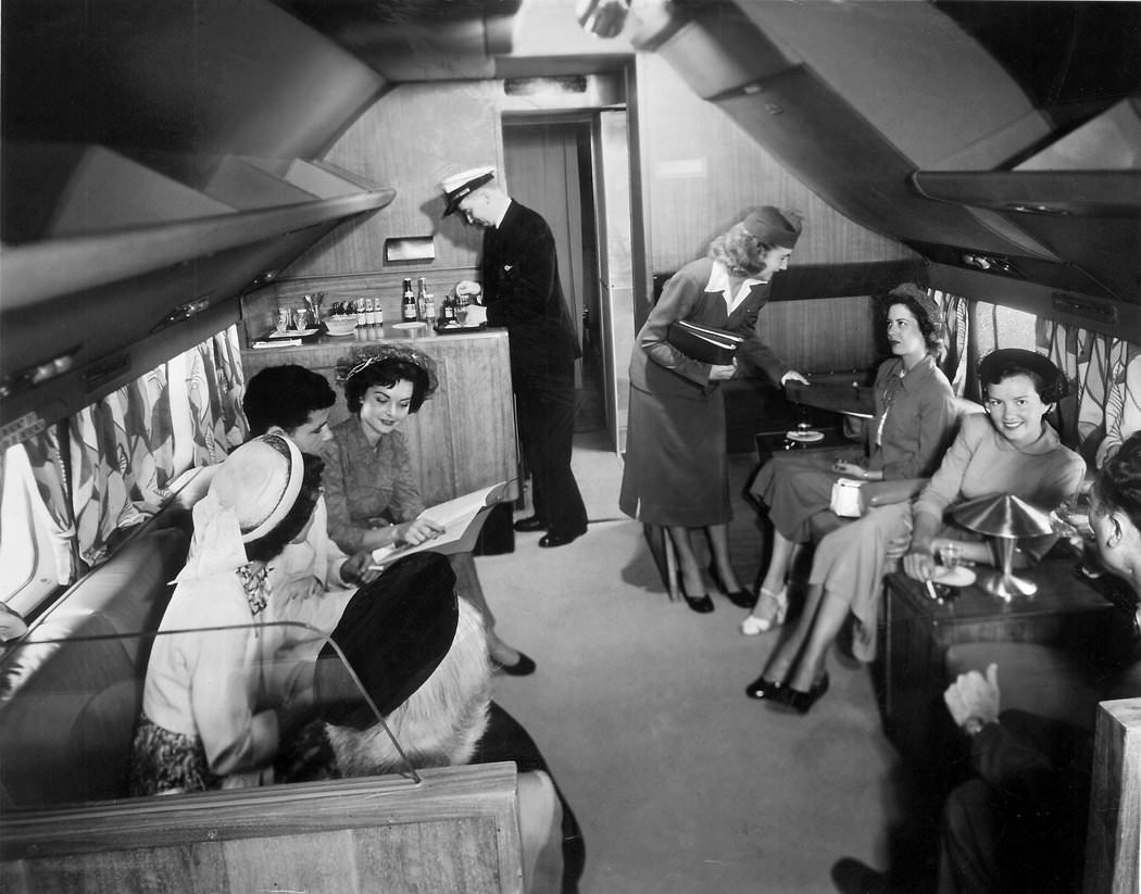 The first class lounge on a commercial airplane headed to South America, 1950.