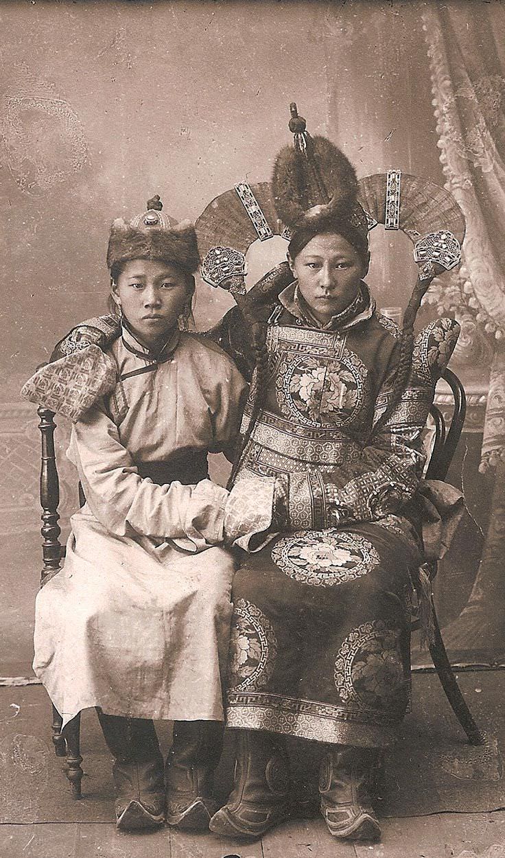 Two young ladies in traditional dress in Mongolia, 1925.