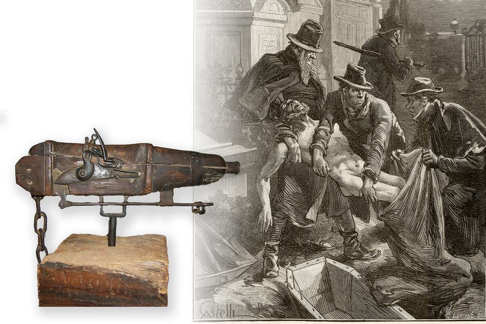 Weapon to avoid grave robbery. Country of origin: United Kingdom and the United States, 19th century. The weapon was strategically placed inside the coffin and was activated when the thief came to the stumbled over a thread that activated the weapon. Then weapon then turned automatically in the thief's direction and was fired. The weapon could be charged with salt or other harmless "ammunition", but there were also more harmful variants.