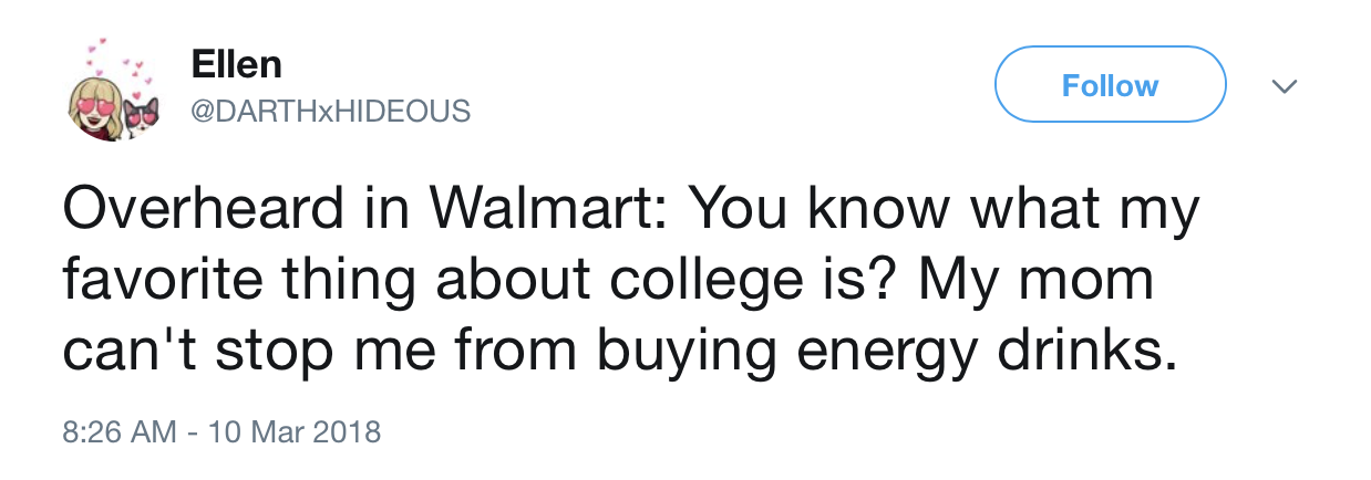 Giorgio Locatelli - Ellen ng v Overheard in Walmart You know what my favorite thing about college is? My mom can't stop me from buying energy drinks.