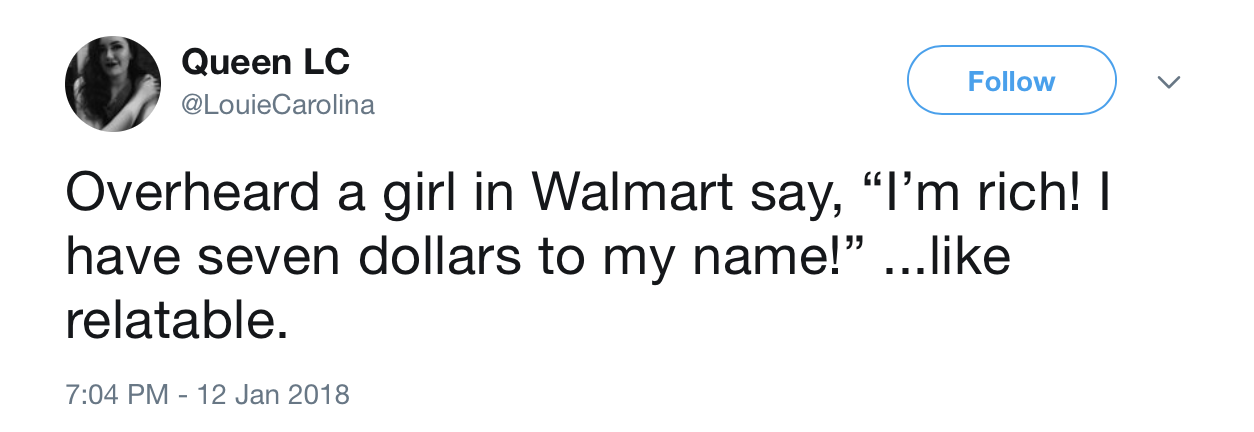 day 61 without sex - Queen Lc Carolina Overheard a girl in Walmart say, "I'm rich! | have seven dollars to my name!" ... relatable.