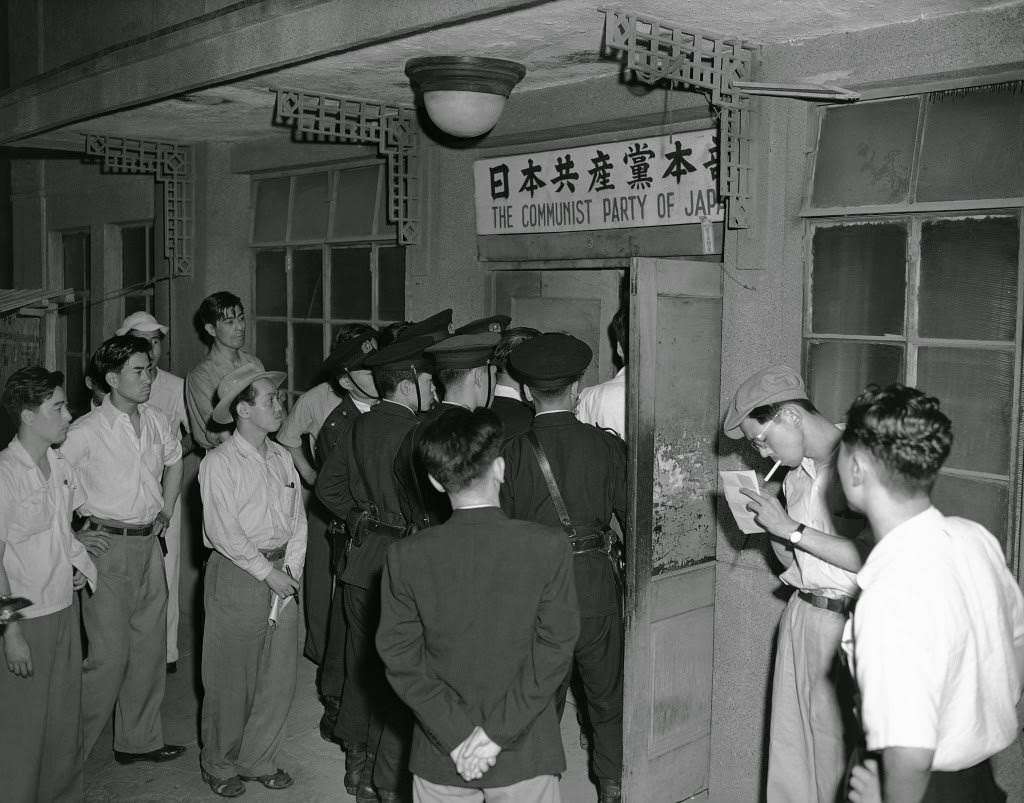 The Communist Party of Japan being shut down by order of General Douglas MacArthur for 30 days in Tokyo, Japan in 1950.