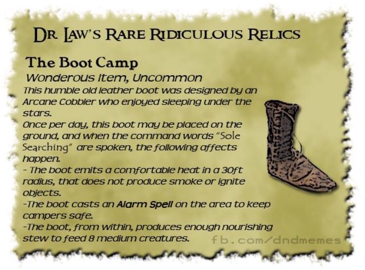 Dr Jaw'S Rare Ridiculous Relics The Boot Camp Wonderous Item, Uncommon This humble old leather boot was designed by an Arcane Cobbler who enjoyed sleeping under the stars. Once per day, this boot may be placed on the ground, and when the command words…