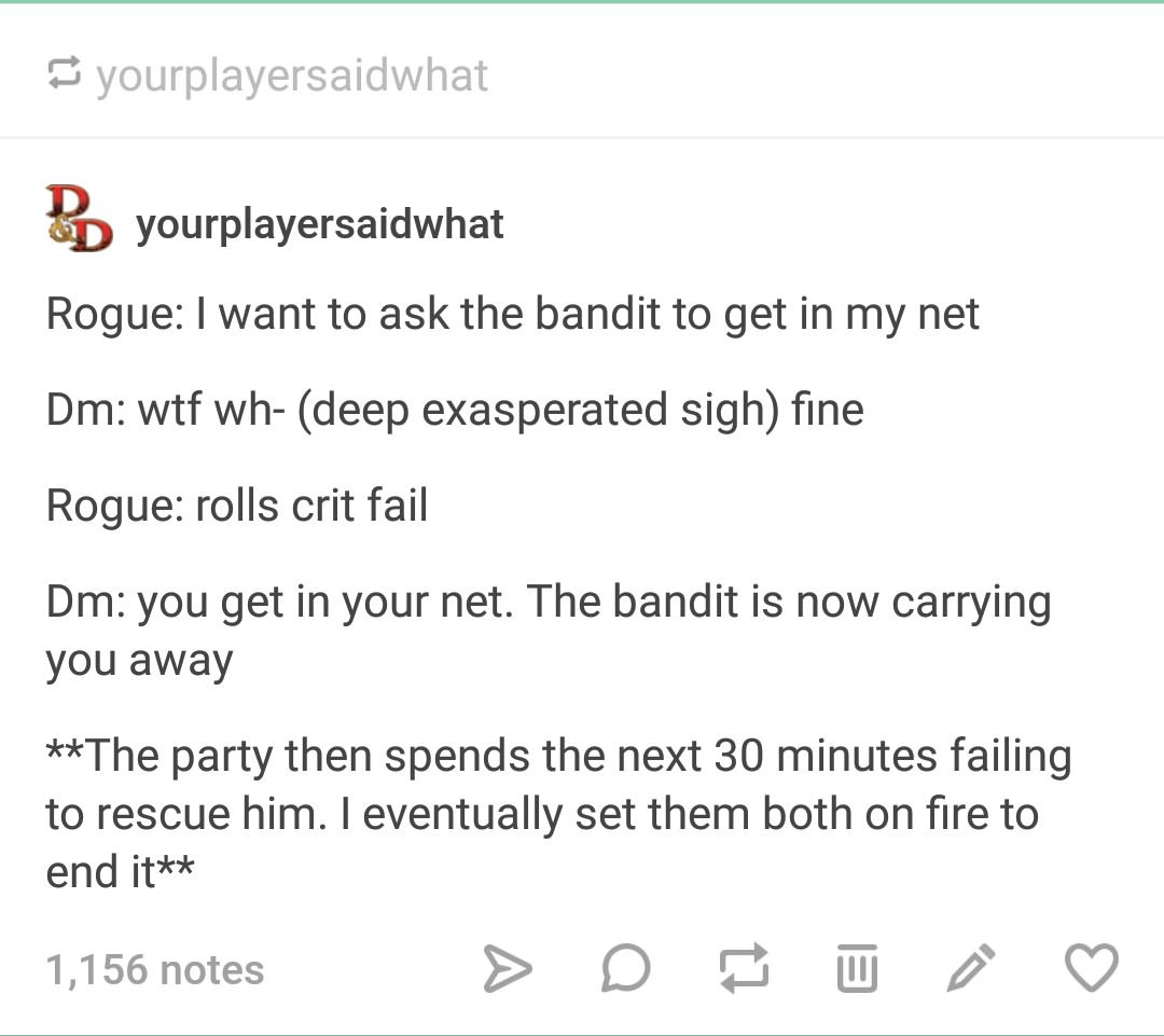 document - yourplayersaidwhat yourplayersaidwhat Rogue I want to ask the bandit to get in my net Dm wtf whdeep exasperated sigh fine Rogue rolls crit fail Dm you get in your net. The bandit is now carrying you away The party then spends the next 30 minute