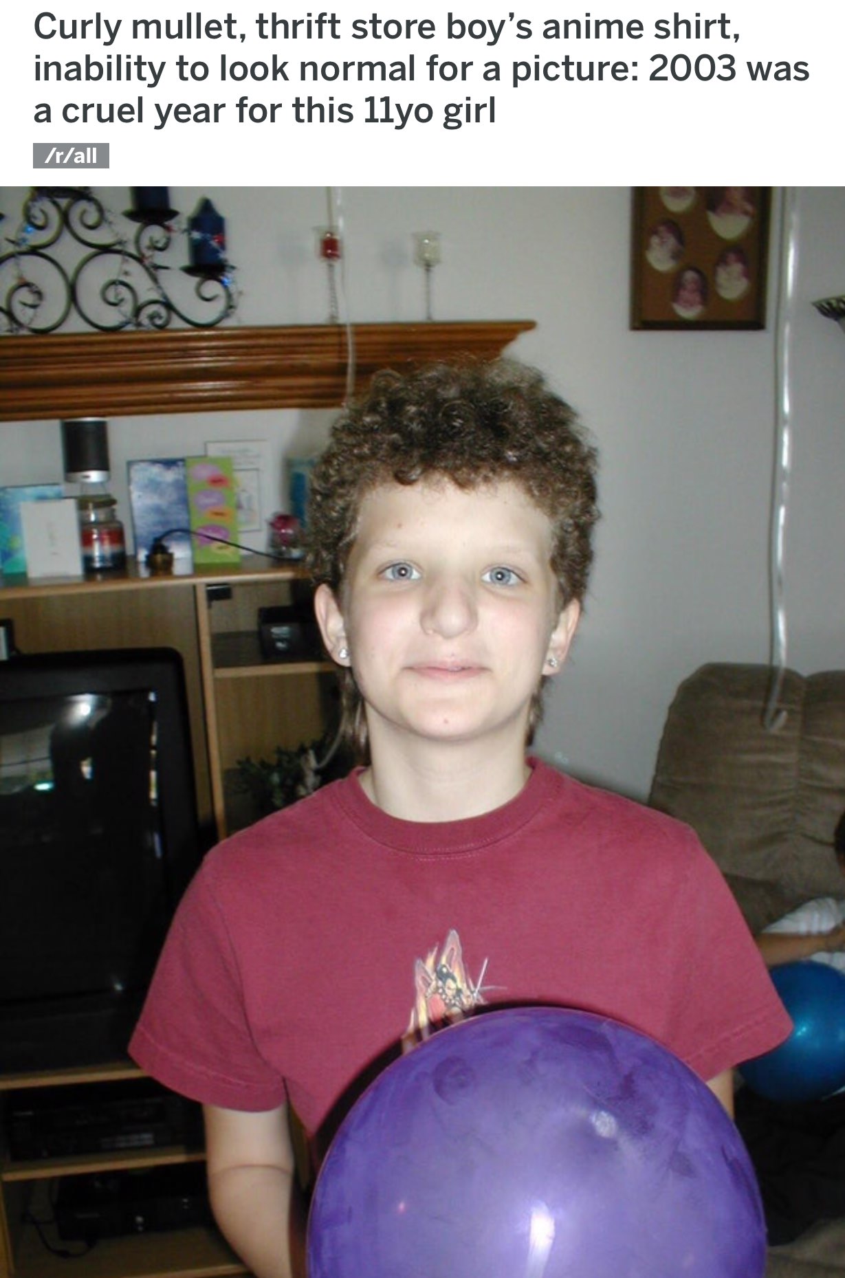 boy mullet - Curly mullet, thrift store boy's anime shirt, inability to look normal for a picture 2003 was a cruel year for this 11yo girl 7rall