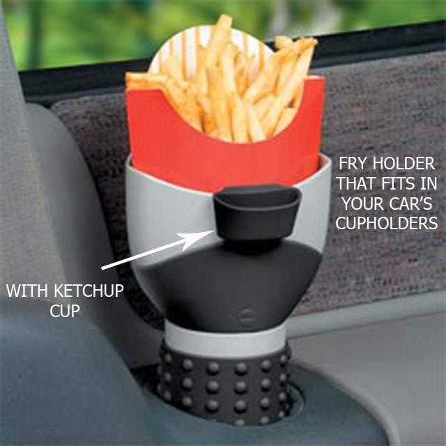 cool inventions - Fry Holder That Fits In Your Car'S Cupholders With Ketchup Cup
