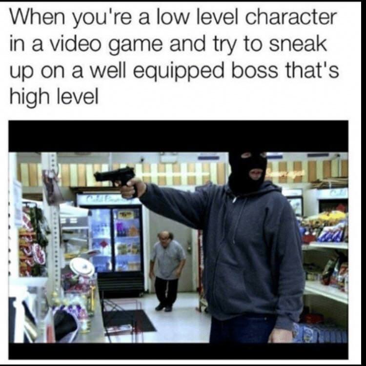 your a low level character - When you're a low level character in a video game and try to sneak up on a well equipped boss that's high level