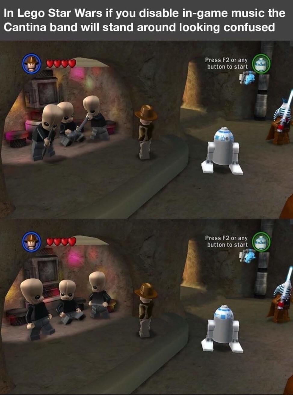 cantina band lego star wars - In Lego Star Wars if you disable ingame music the Cantina band will stand around looking confused Press F2 or any button to start Press F2 or any button to start