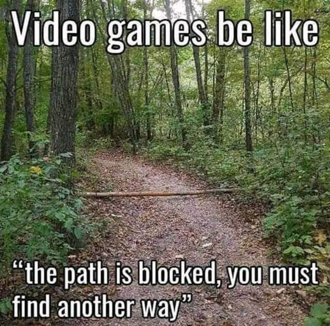 video games be like the path is blocked - Video games be "the path is blocked, you must. find another way"