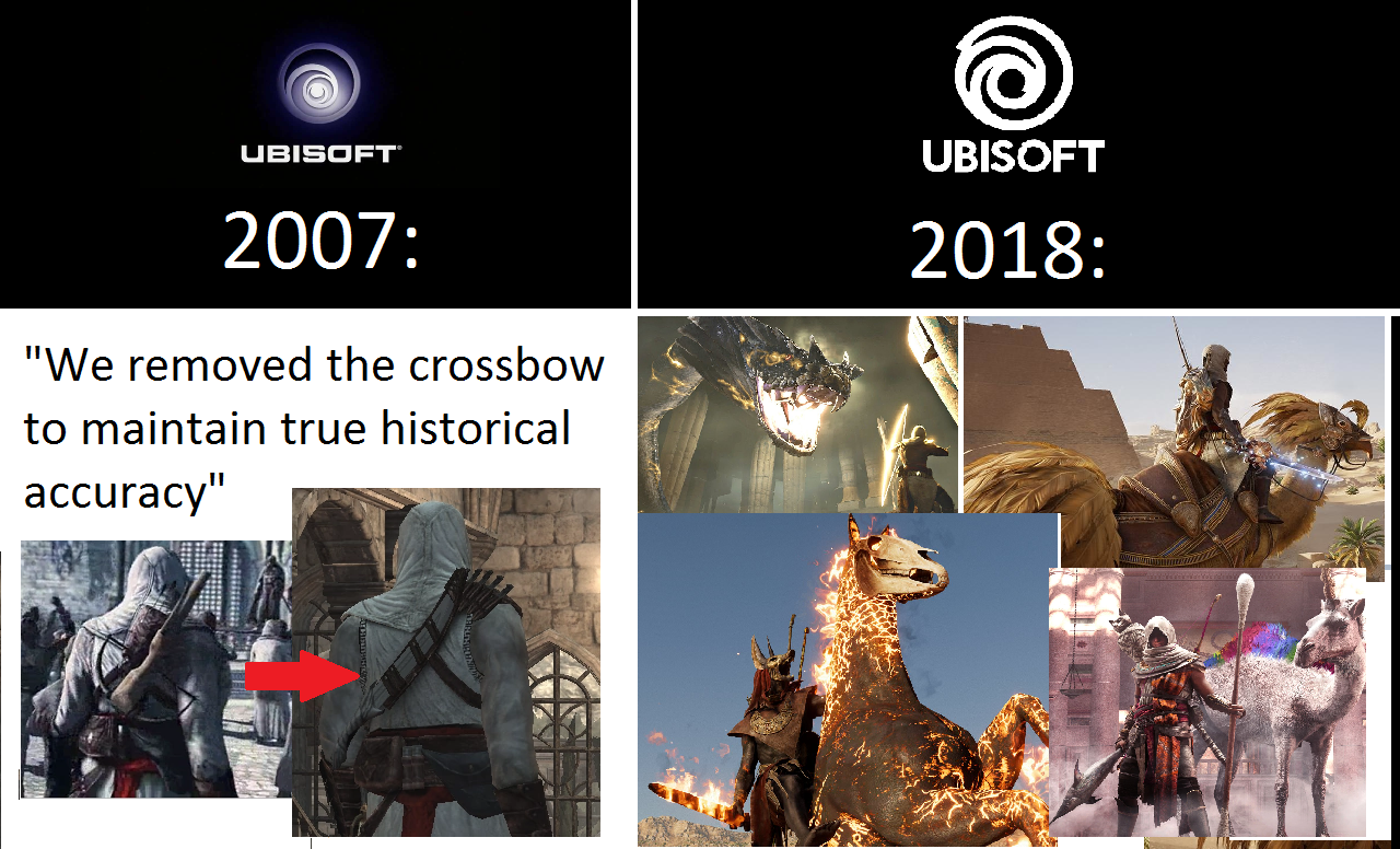 assassin's creed odyssey memes - Ubisoft Ubisoft 2007 2018 "We removed the crossbow to maintain true historical accuracy"