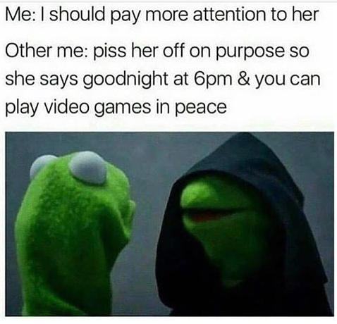 best evil kermit memes - Me I should pay more attention to her Other me piss her off on purpose so she says goodnight at 6pm & you can play video games in peace