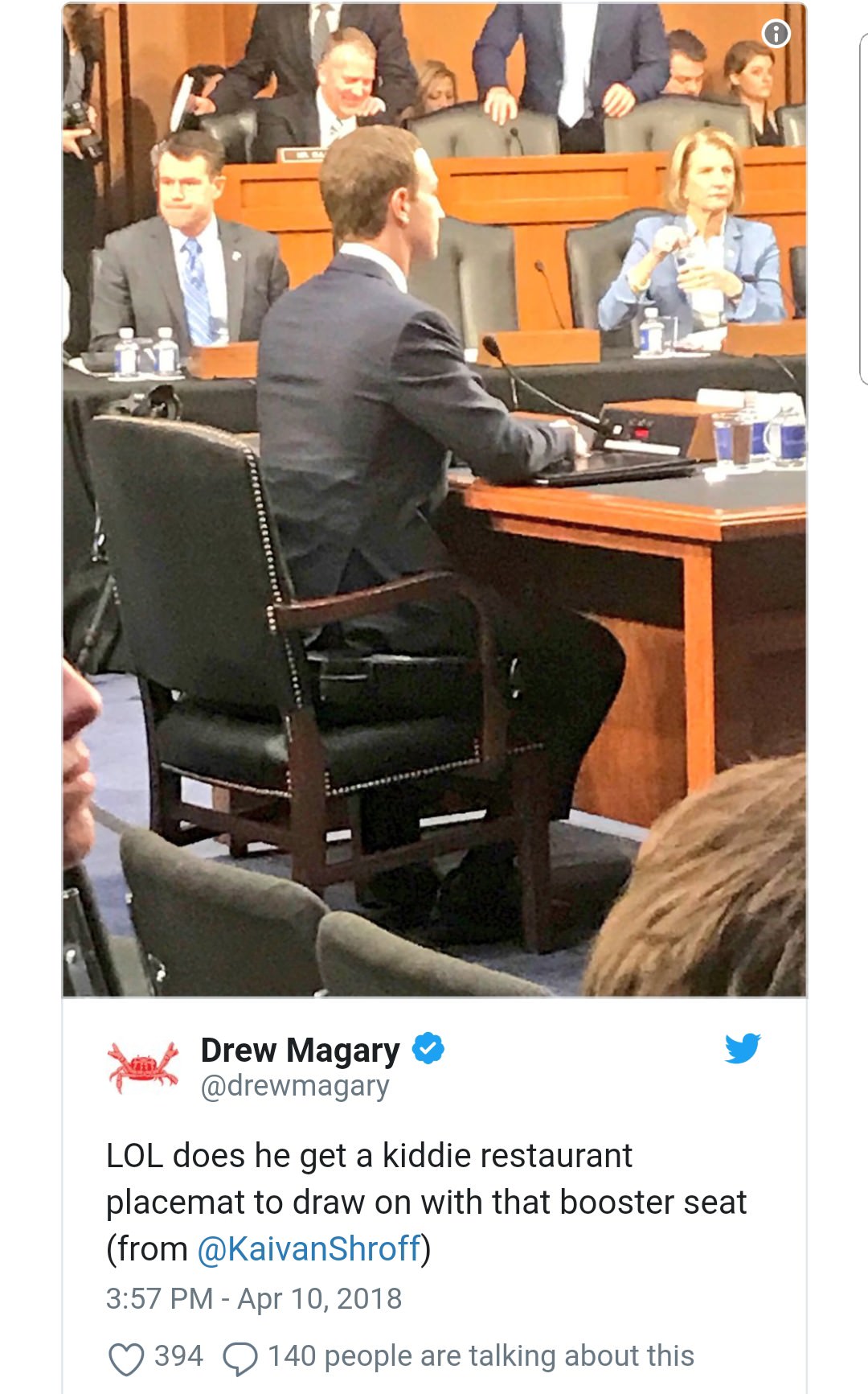 zuckerberg congress meme - 1 Drew Magary Lol does he get a kiddie restaurant placemat to draw on with that booster seat from 394 9