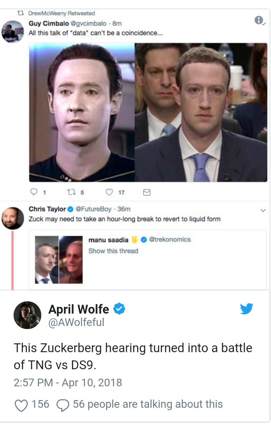 white collar worker - tl Drew McWeeny Retweeted Guy Cimbalo . 8m All this talk of "data" can't be a coincidence... 91 125 17 Chris Taylor 36m Zuck may need to take an hourlong break to revert to liquid form manu saadia Show this thread April Wolfe This Zu