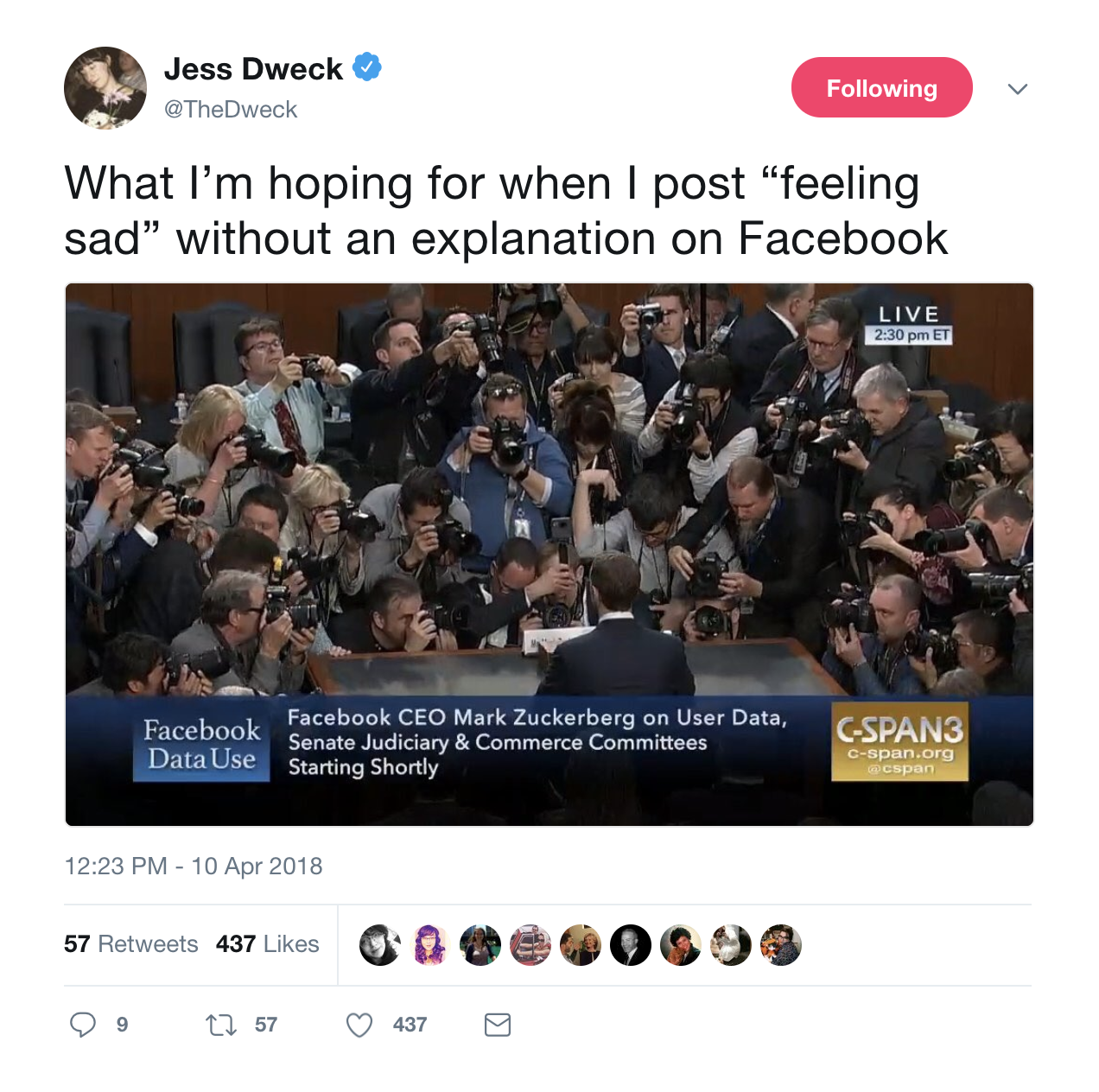 mark zuckerberg court room - Jess Dweck ing What I'm hoping for when I post "feeling sad" without an explanation on Facebook Live 230 pm Et Facebook Data Use Facebook Ceo Mark Zuckerberg on User Data, Senate Judiciary & Commerce Committees Starting Shortl