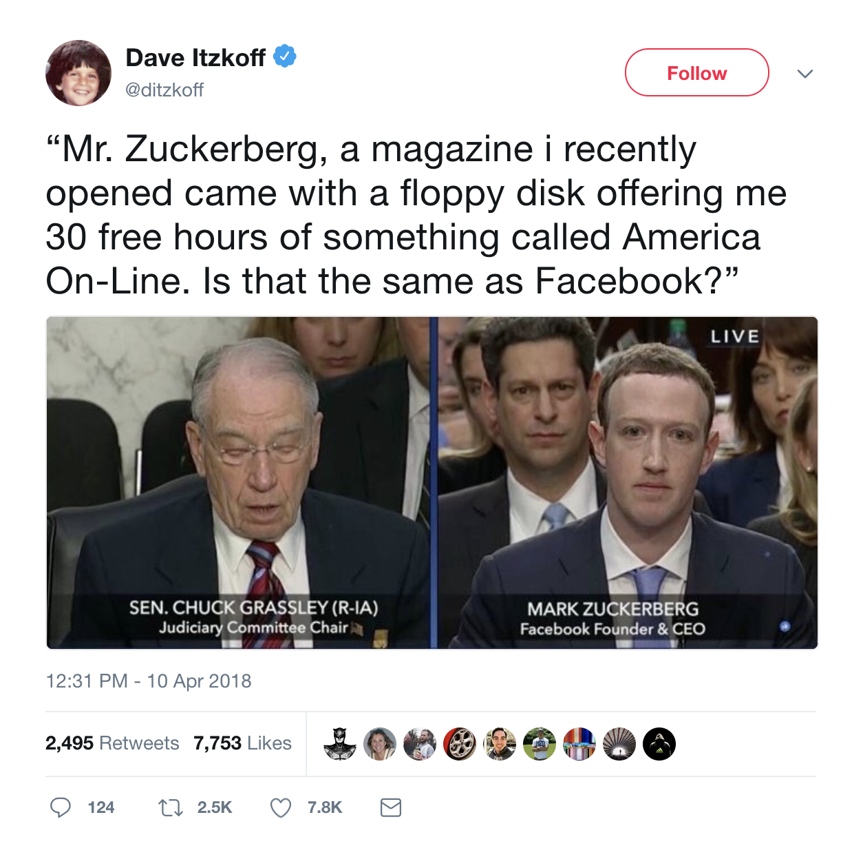 zuckerberg robot memes - Dave Itzkoff aditzkoff "Mr. Zuckerberg, a magazine i recently opened came with a floppy disk offering me 30 free hours of something called America OnLine. Is that the same as Facebook?" Live Sen. Chuck Grassley RIa Judiciary Commi