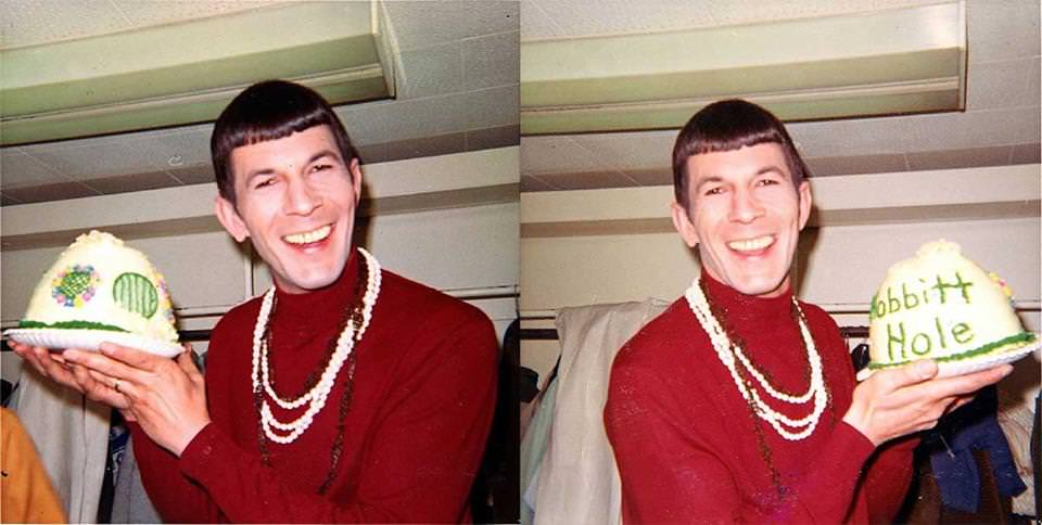 Leonard Nimoy proudly showing off his 'Hobbitt' Hole cake, in honor of the release of his song The Ballad of Bilbo Baggins, 1968. Yes, that is also a thing.