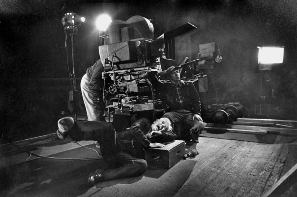 Charlie Chaplin losing it laughing while filming Limelight, 1952.