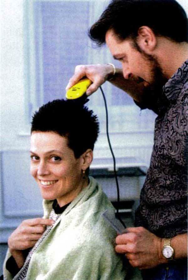 Sigourney Weaver getting ready to have her head shaved ahead of filming Alien 3.