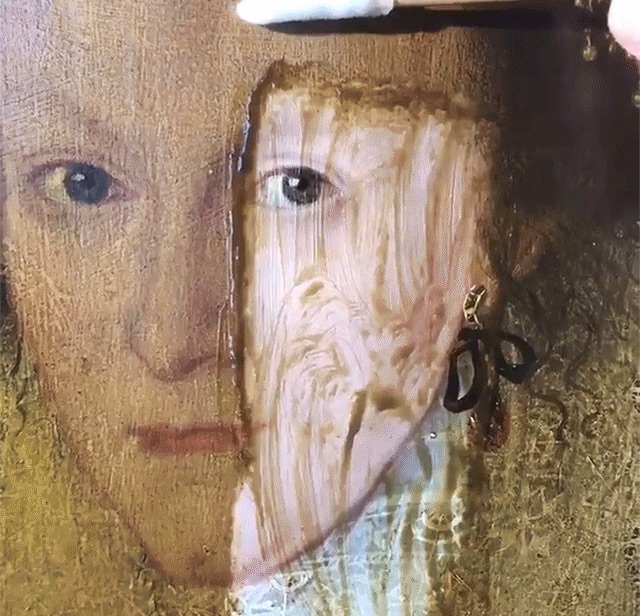 A video showing this painting being restored by removing the yellow sludge started a geeky conversation: