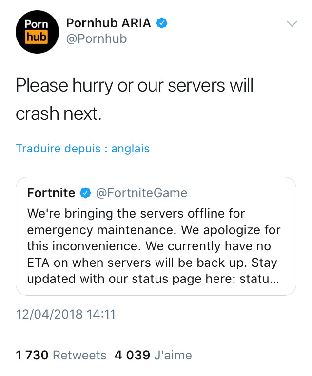 pornhub fortnite tweet - Porn hub Pornhub Aria Please hurry or our servers will crash next. Traduire depuis anglais Fortnite Game We're bringing the servers offline for emergency maintenance. We apologize for this inconvenience. We currently have no Eta o