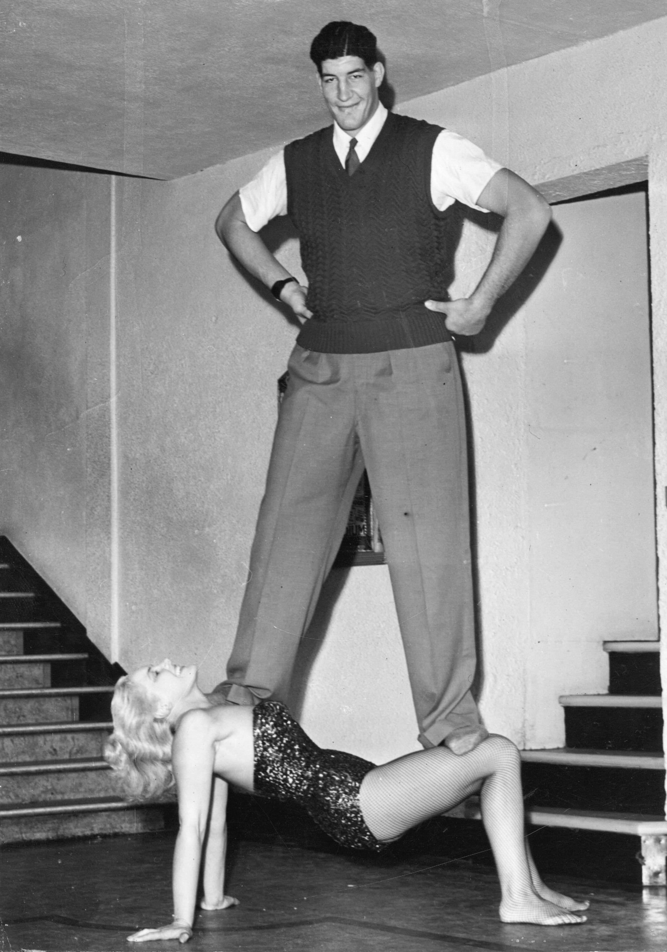 Larger-than-life Ewart Potgieter balances on strong woman Jean Rhodes in 1955.