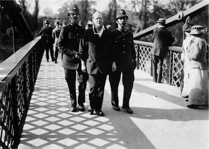 A male suffrage supporter being arrested during a rally in London, England in 1912. For many years, massive number of protests took place in London, pushing for more women rights and the right to vote. Many pictures from those times show the brave women involved in the marches. But thousands of men also participated, and were instrumental in the movement. Male leaders such as parliament members John Stuart Mill (who was the first to call for women's suffrage) and Arnold Stephenson Rowntree as well as other leaders such as Laurence Housman, Claude Hinscliff, and Gerald Gould helped gain other male support that was a major factor in the suffrage movement.